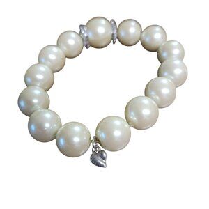 Vintage Carolee Faux Pearl Rhinestone Stretch Bracelet Heart Charm Signed